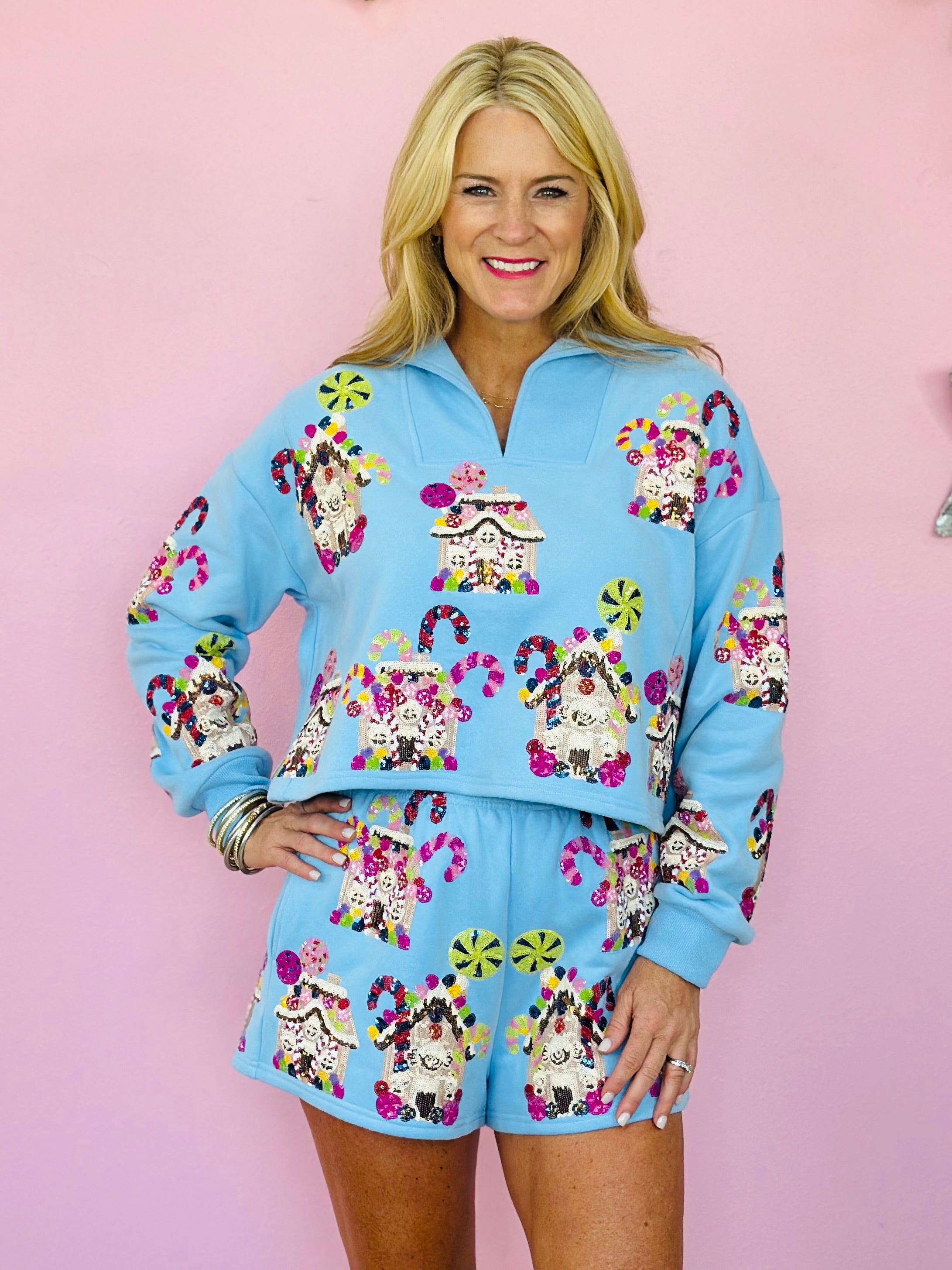 LT BLUE GINGERBREAD HOUSES COLLAR SWEATSHIRT