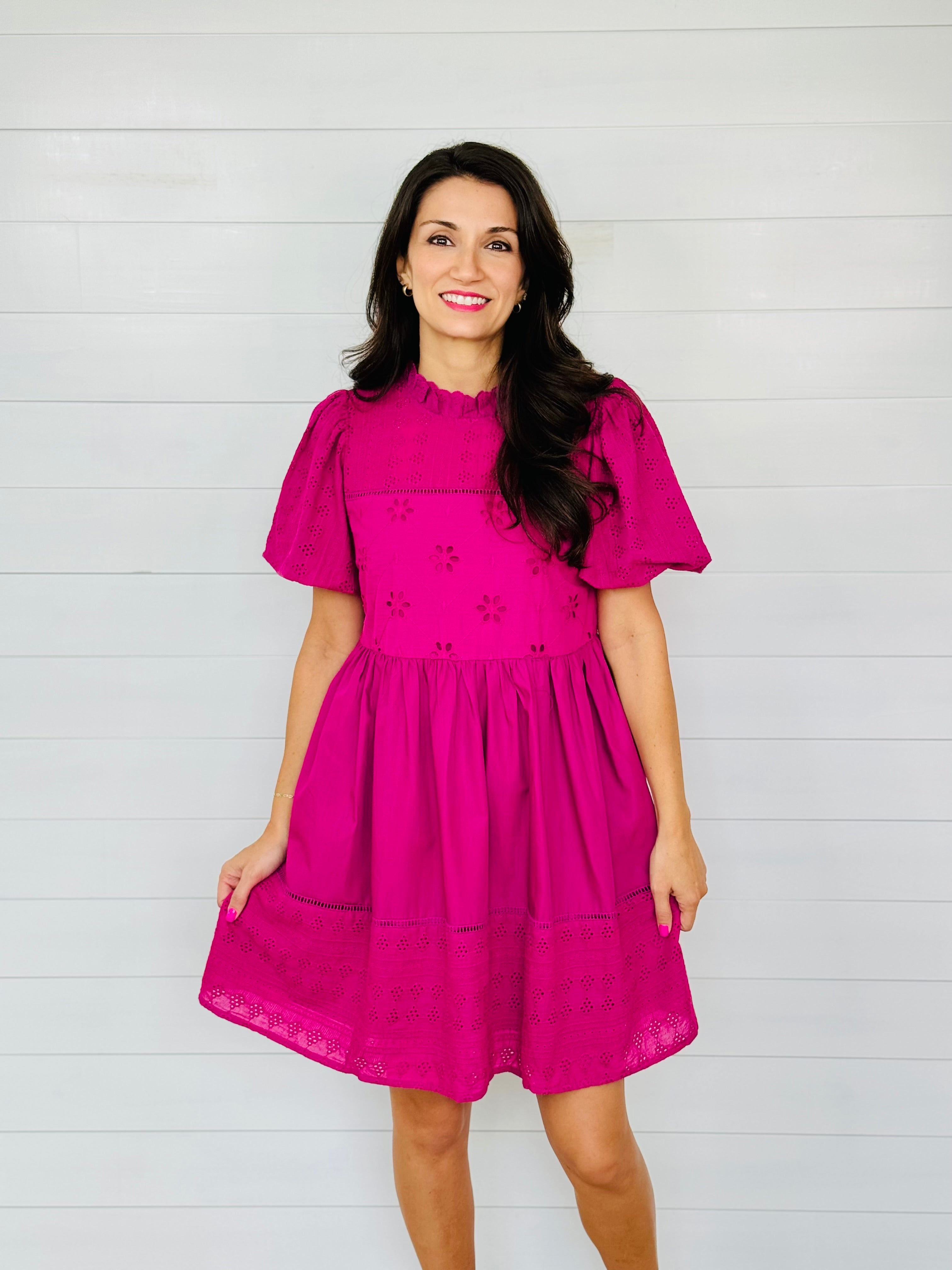 ELISE EYELET DRESS-MAGENTA