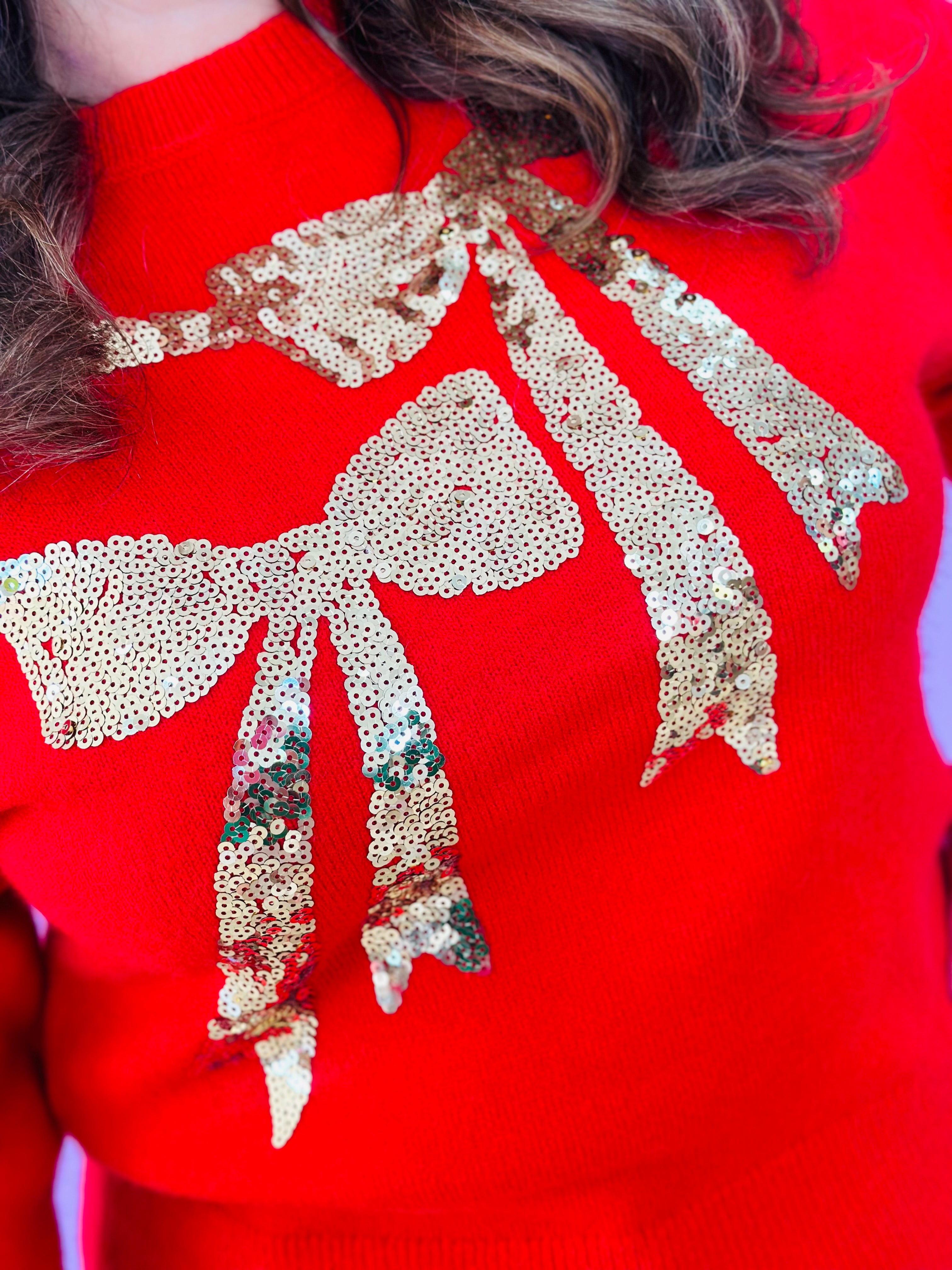 GOLD SEQUIN BOWS SWEATER-RED