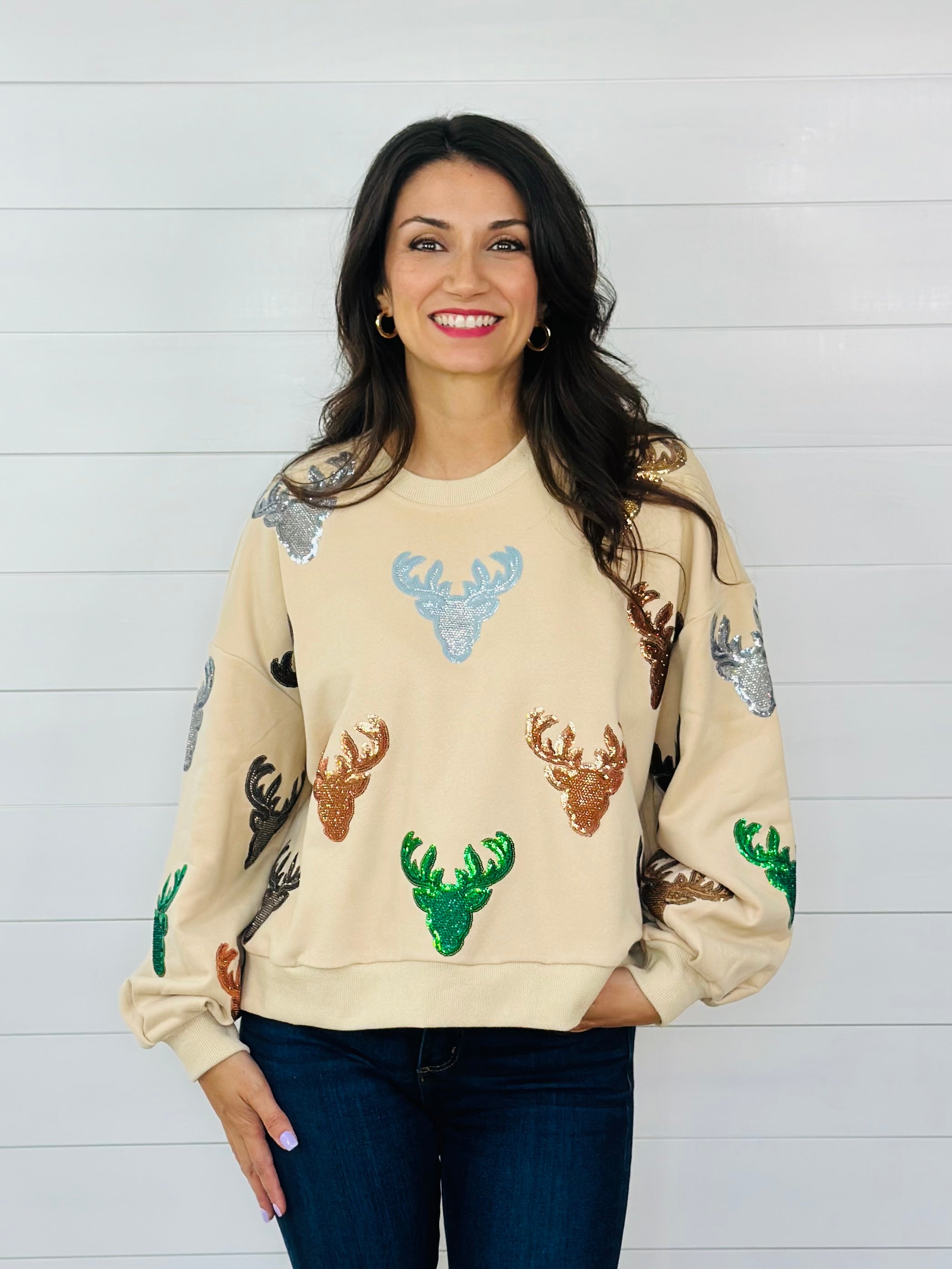 BEIGE DEER HEAD SWEATSHIRT