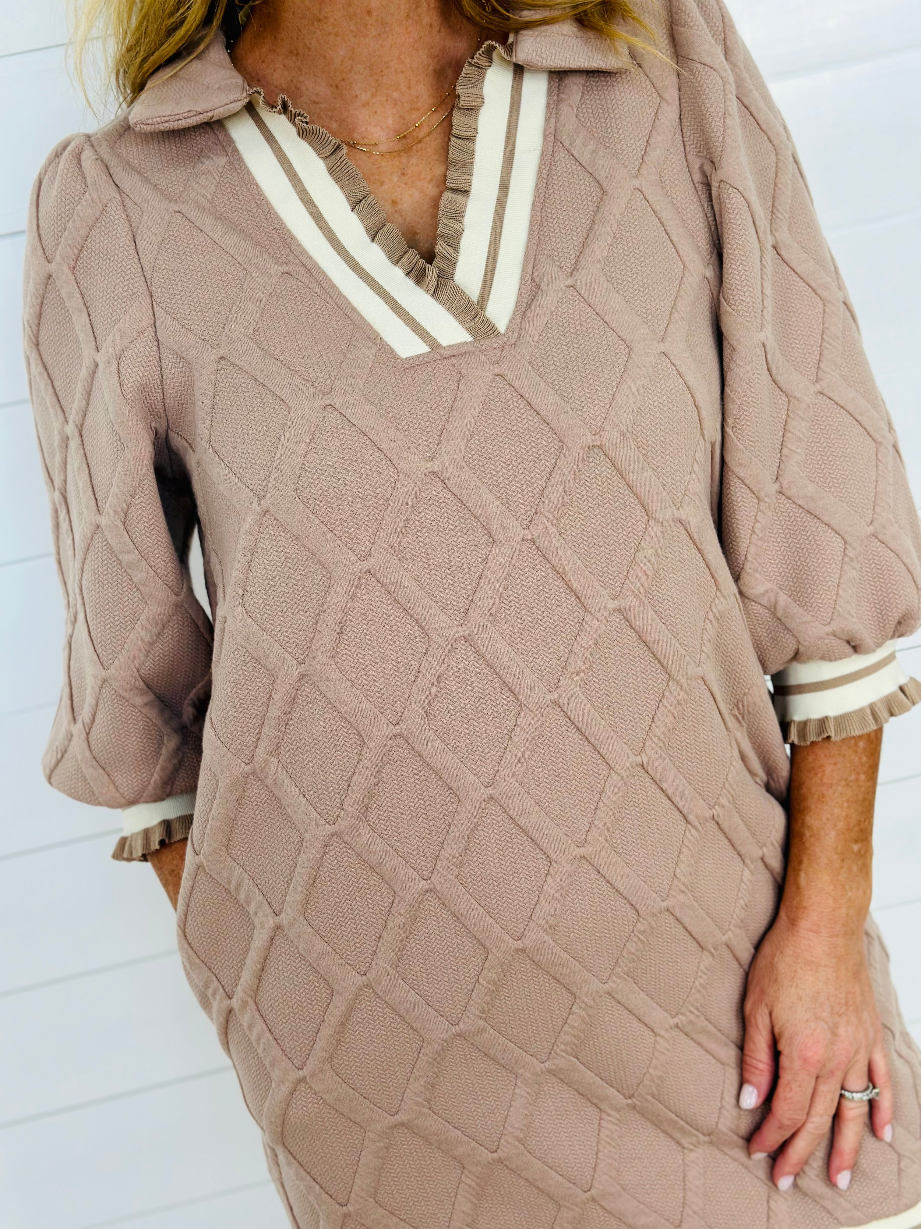 LOVELY LATTICE DRESS-TAUPE