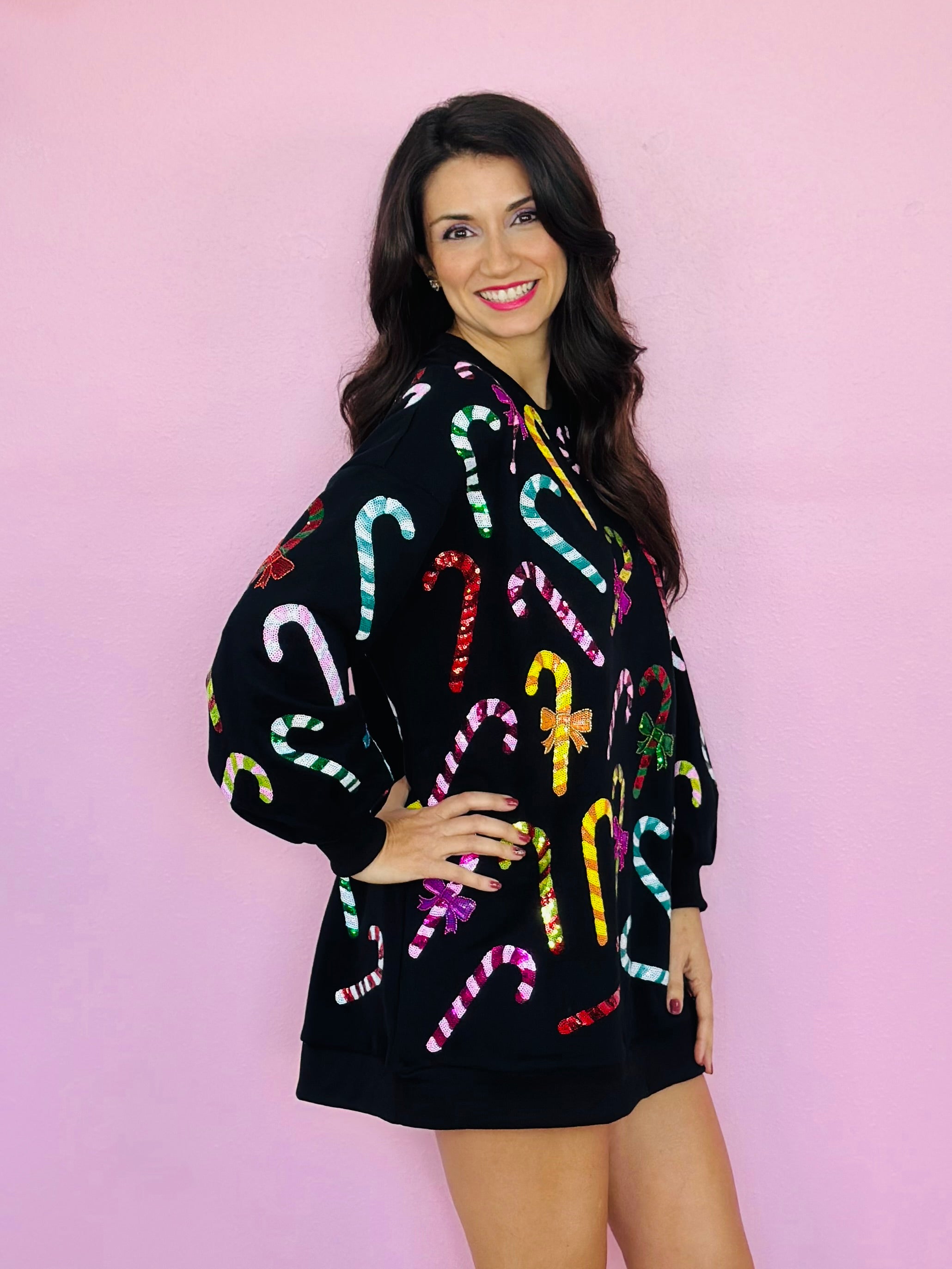 BLACK RAINBOW CANDY CANES SWEATSHIRT DRESS