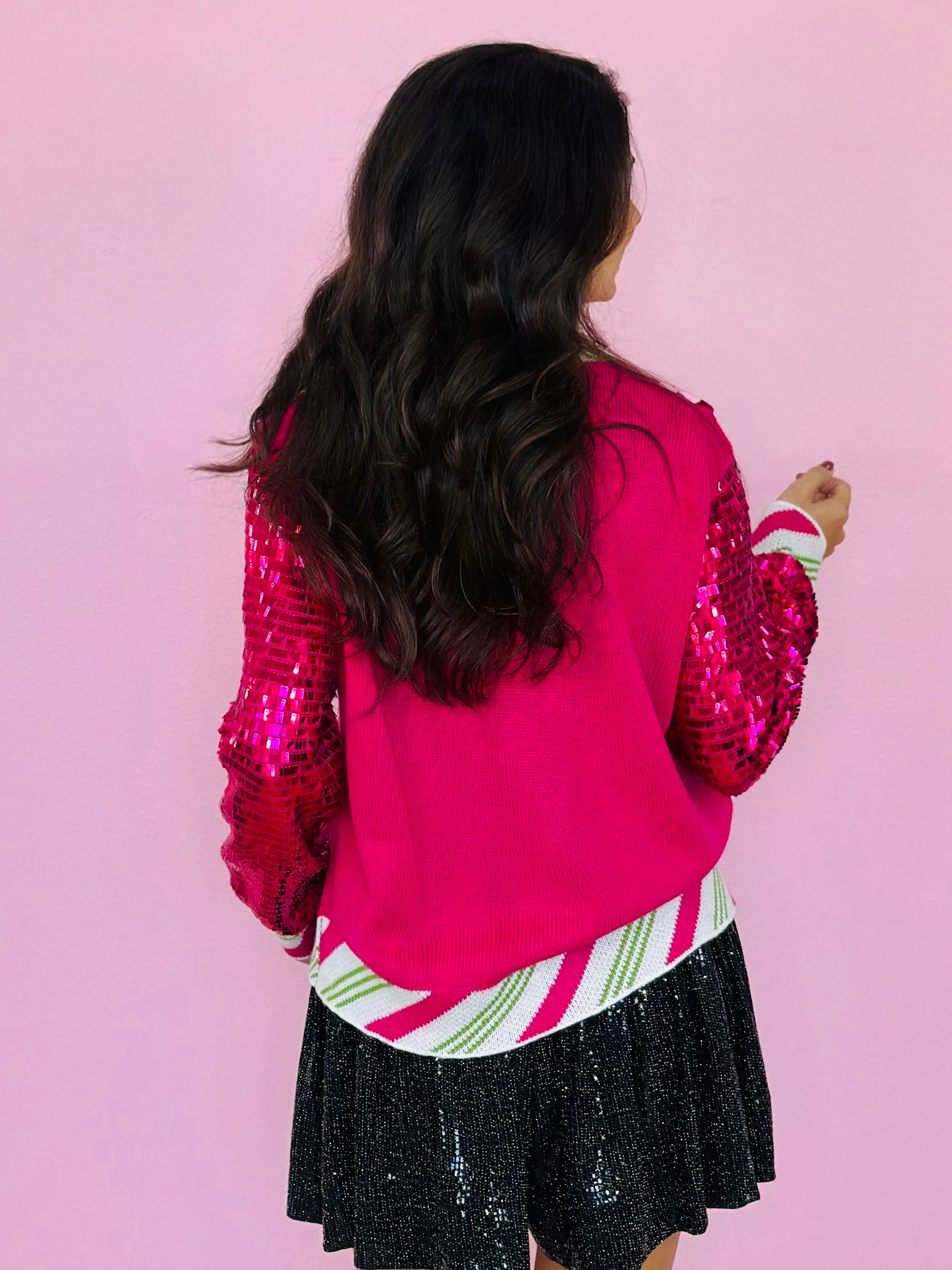 HOT PINK PEPPERMINT NUTCRACKER SEQUIN SLEEVE CARDIGAN