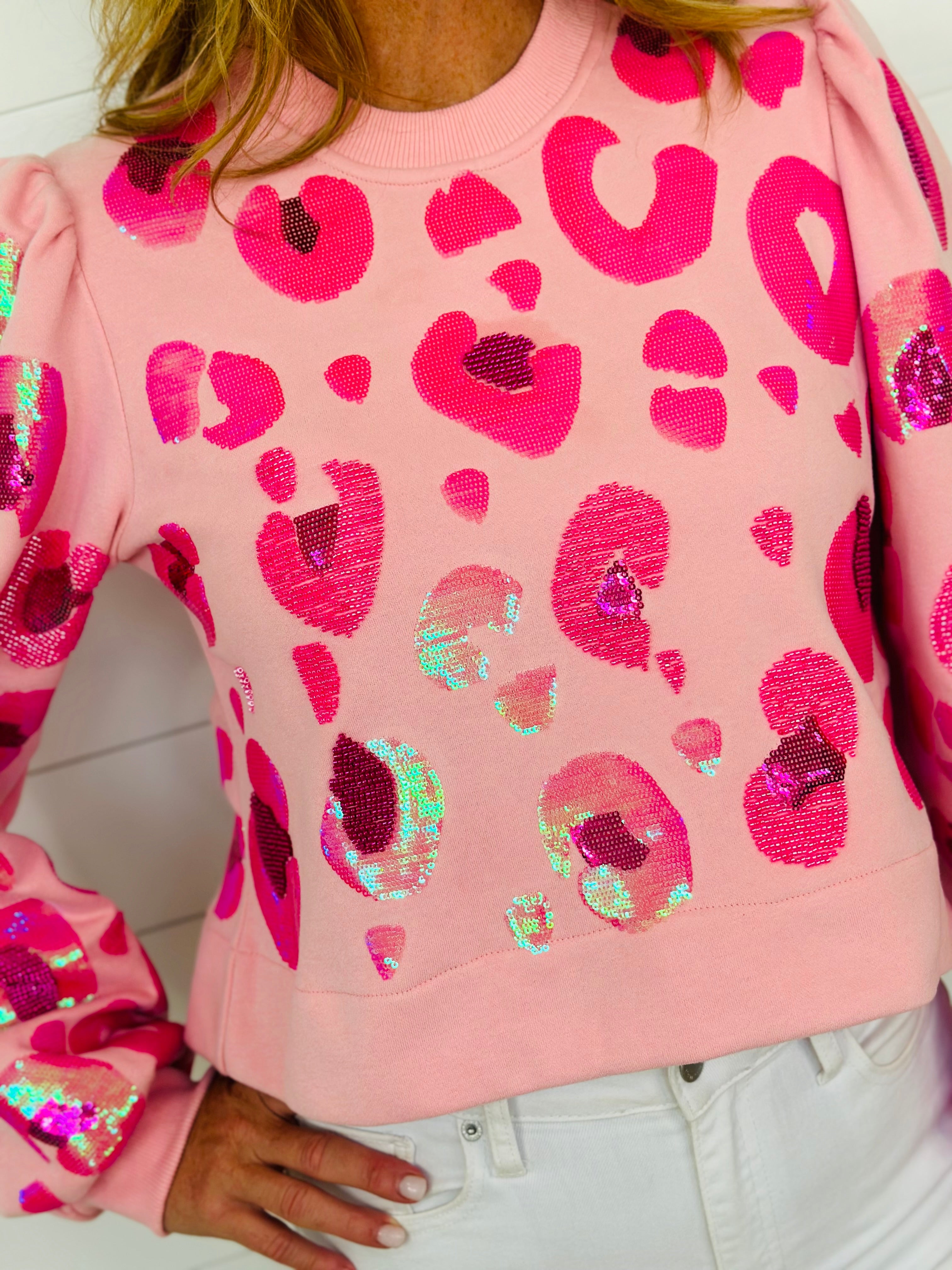 PINK SEED BEAD & SEQUIN PINK LEOPARD SWEATSHIRT