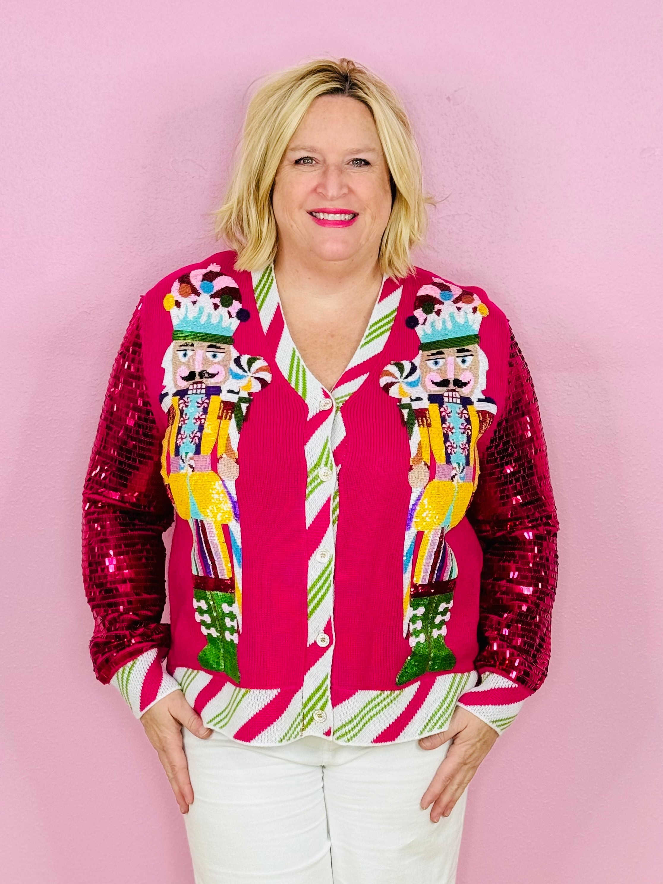 HOT PINK PEPPERMINT NUTCRACKER SEQUIN SLEEVE CARDIGAN