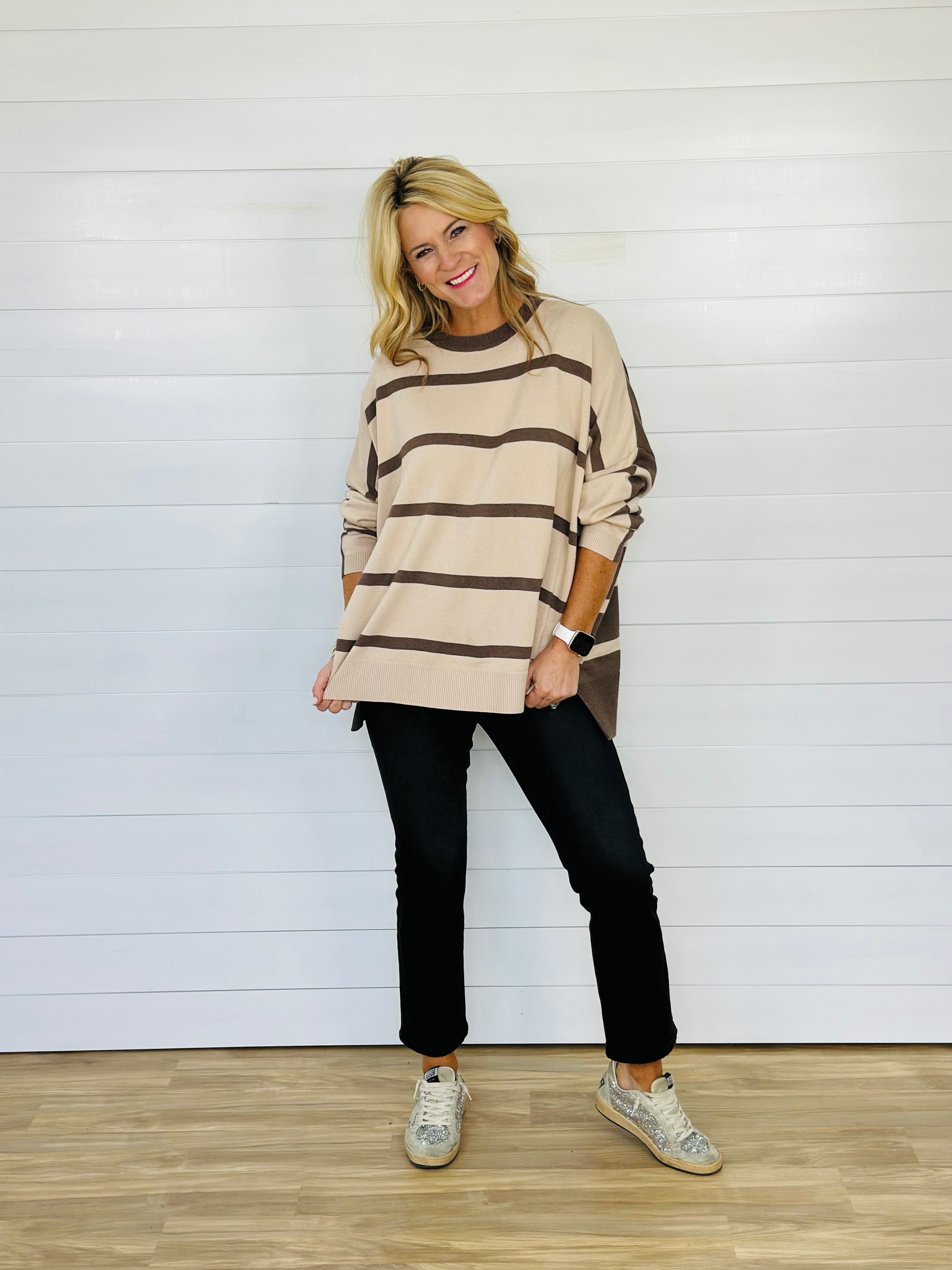 SHERIDAN STRIPE SWEATER TOP-BEIGE/BROWN