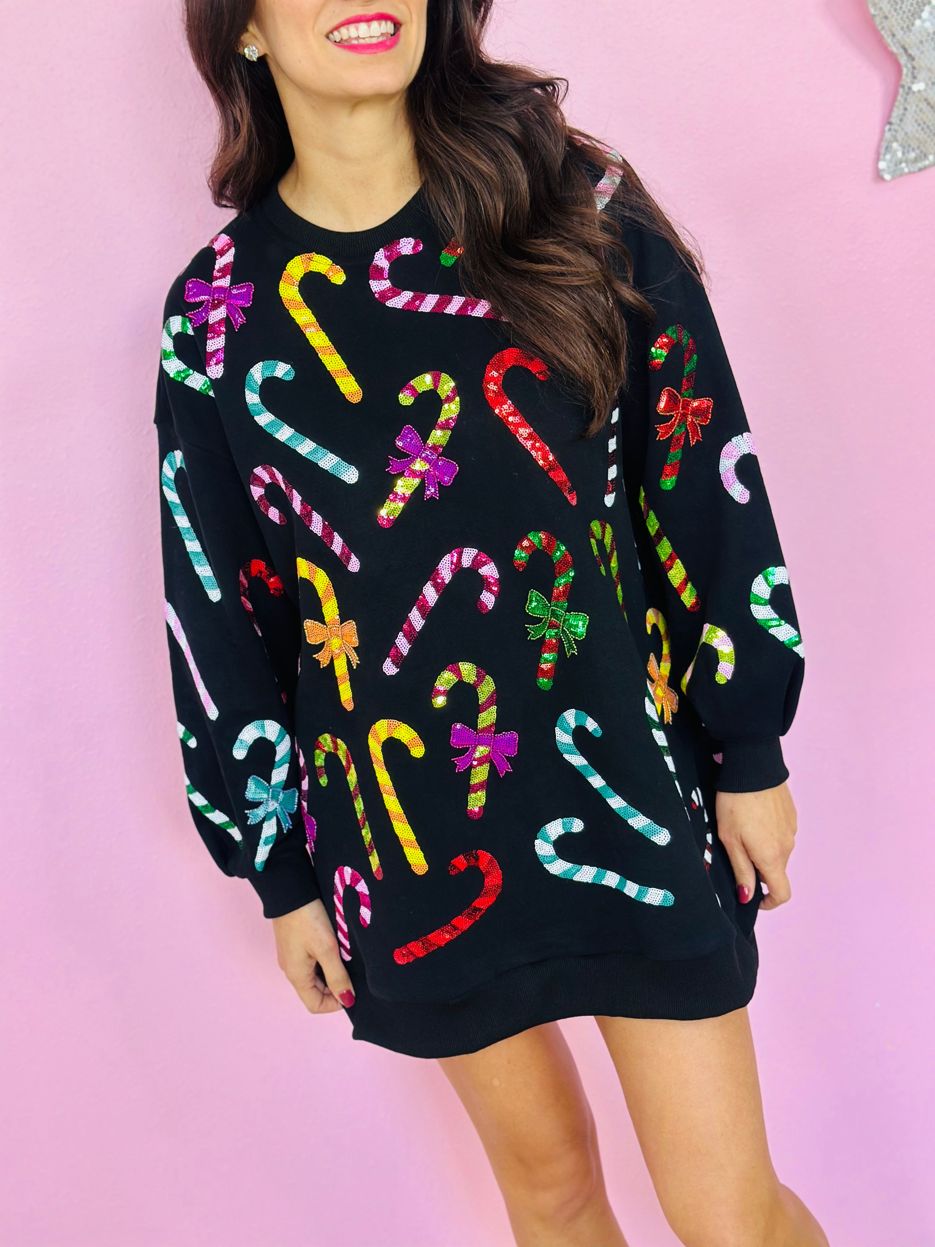 BLACK RAINBOW CANDY CANES SWEATSHIRT DRESS