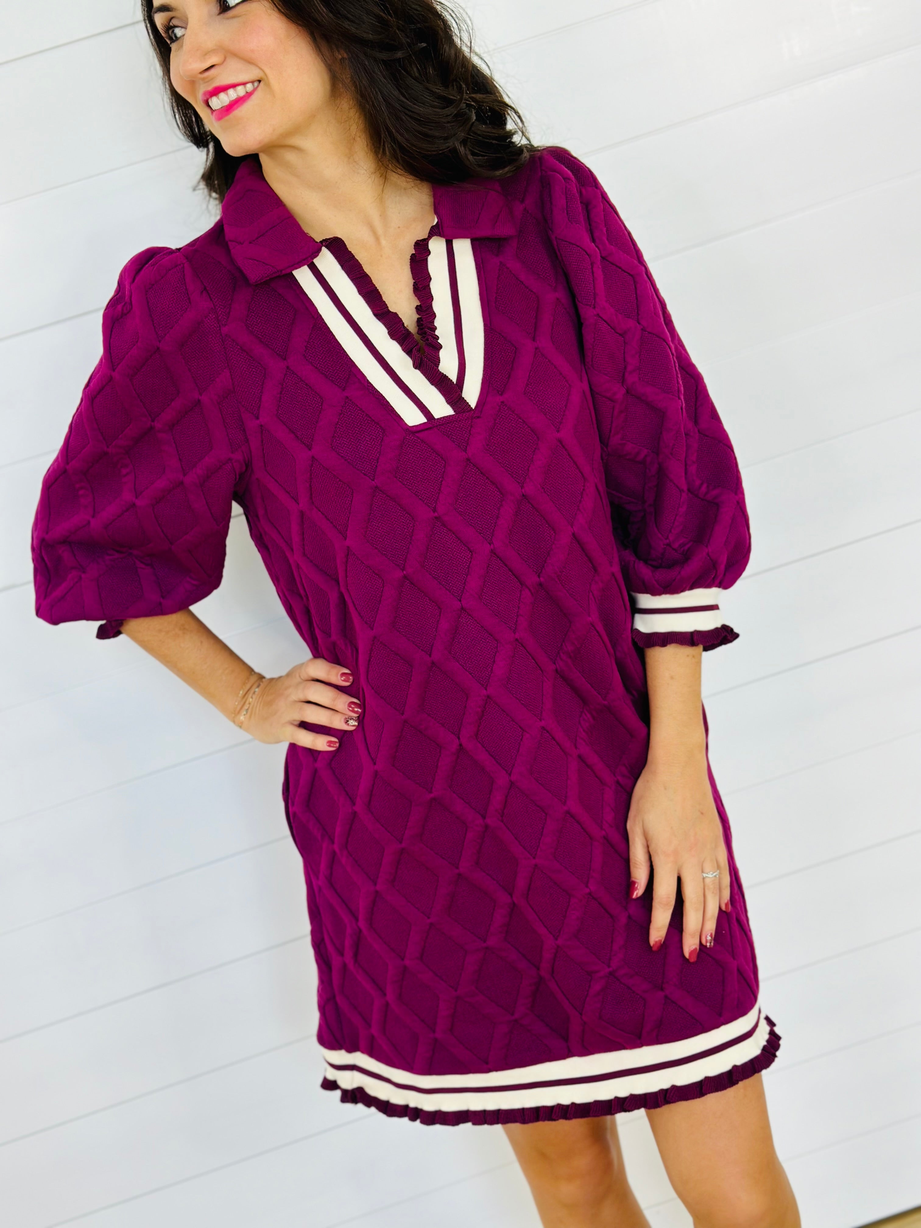 LOVELY LATTICE DRESS-PLUM