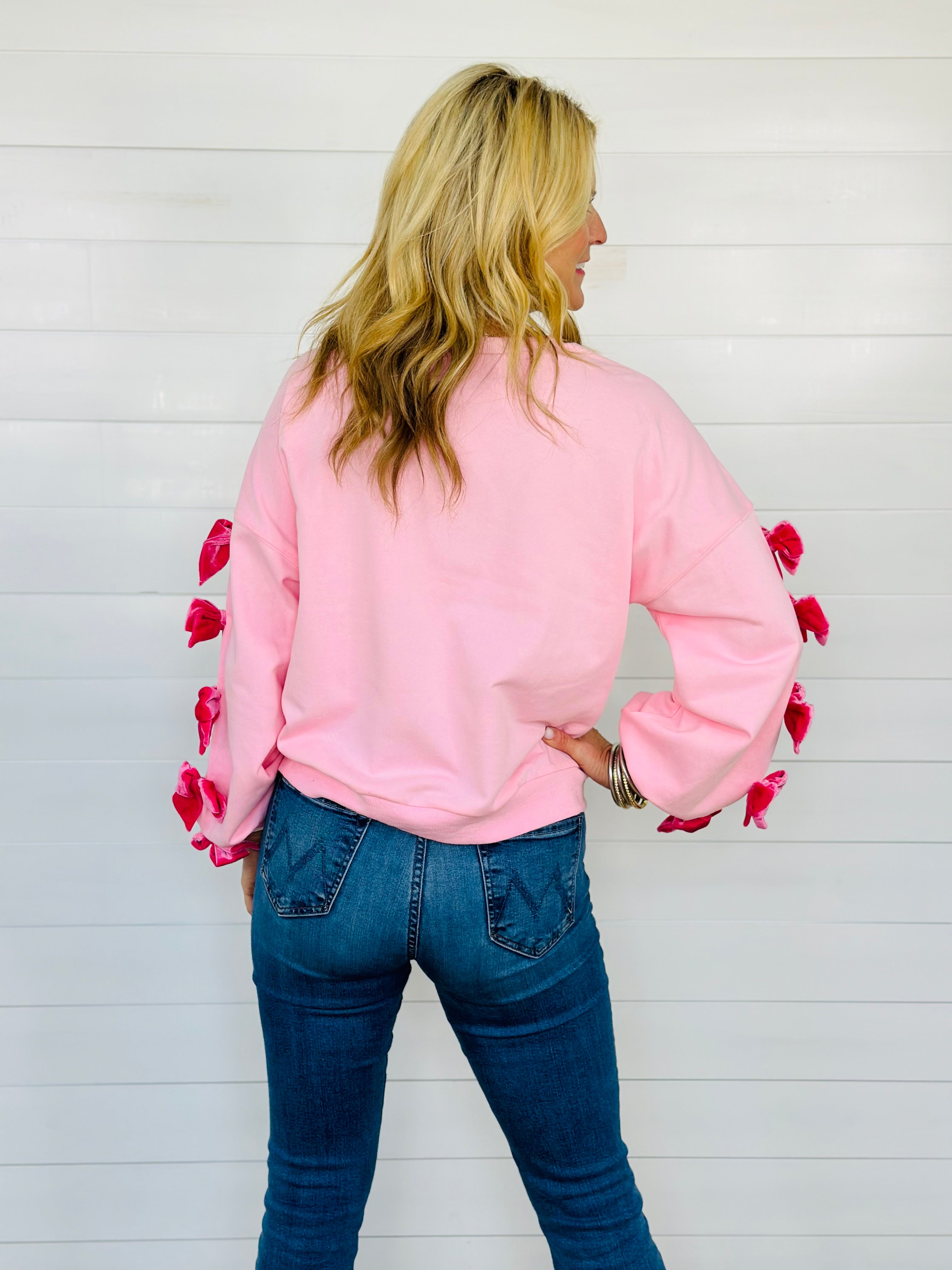 VELVET BOW SLEEVE TOP-PINK