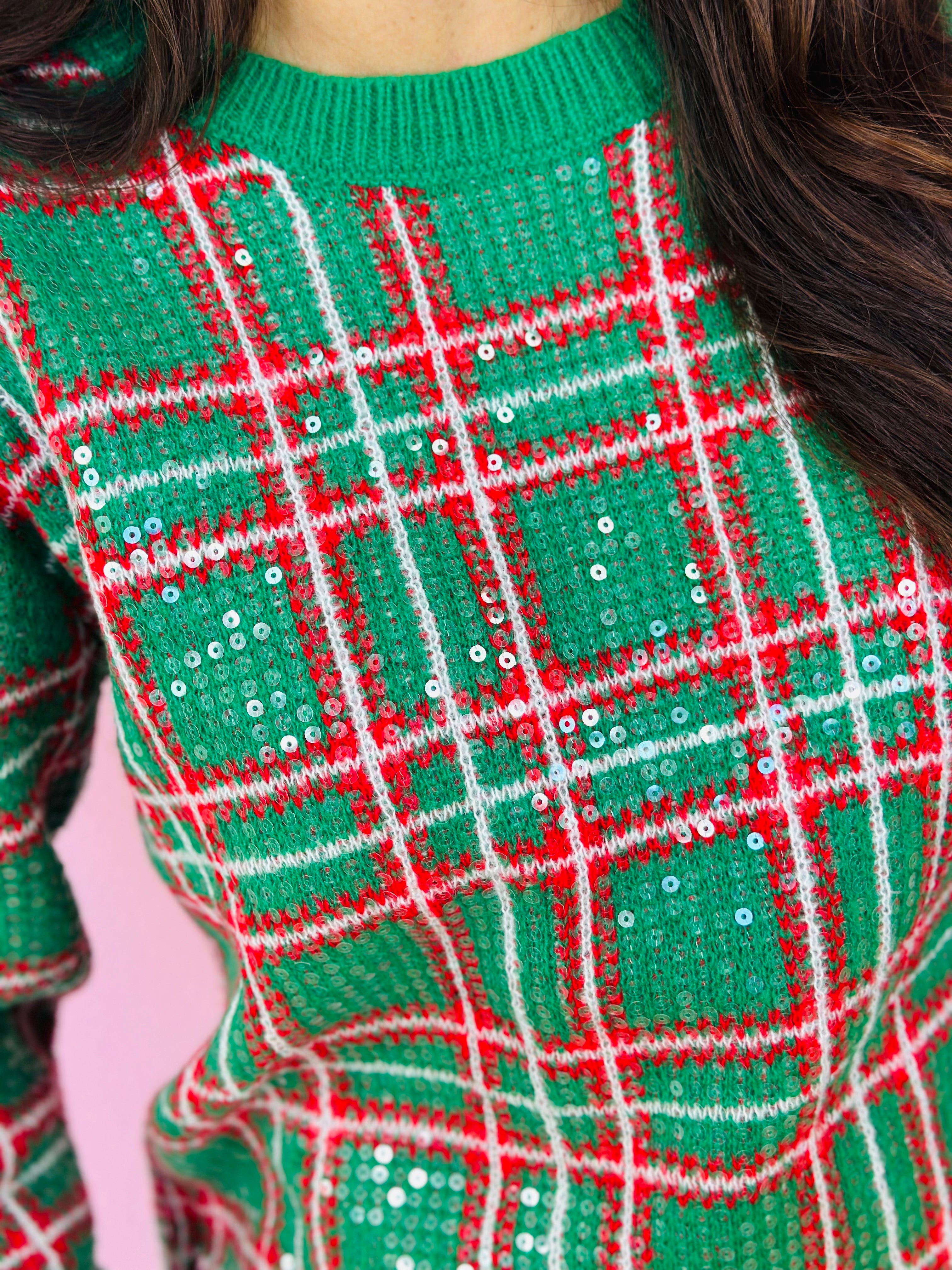 CHRISTMAS PLAID SEQUINED TOP-GREEN