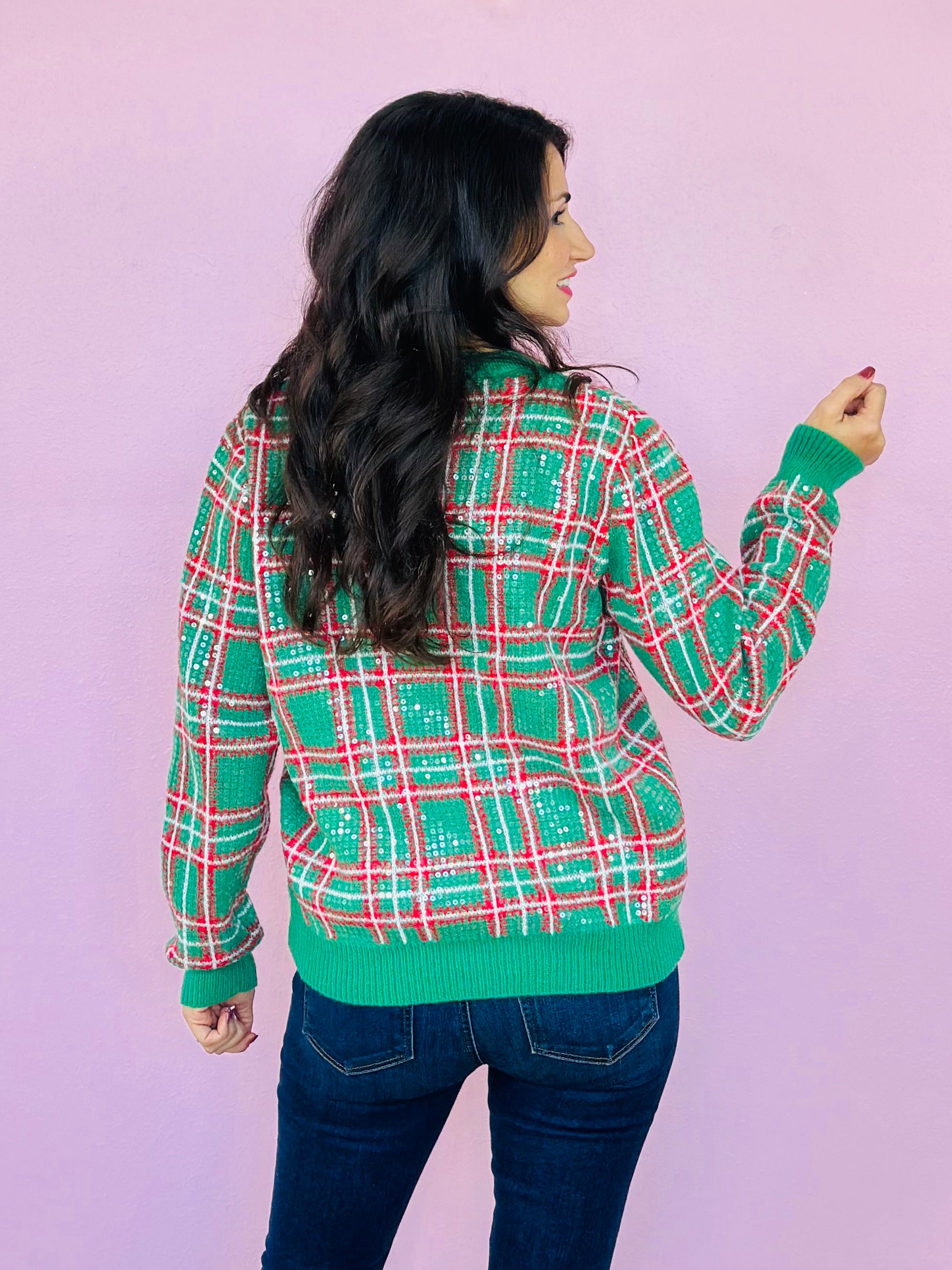 CHRISTMAS PLAID SEQUINED TOP-GREEN