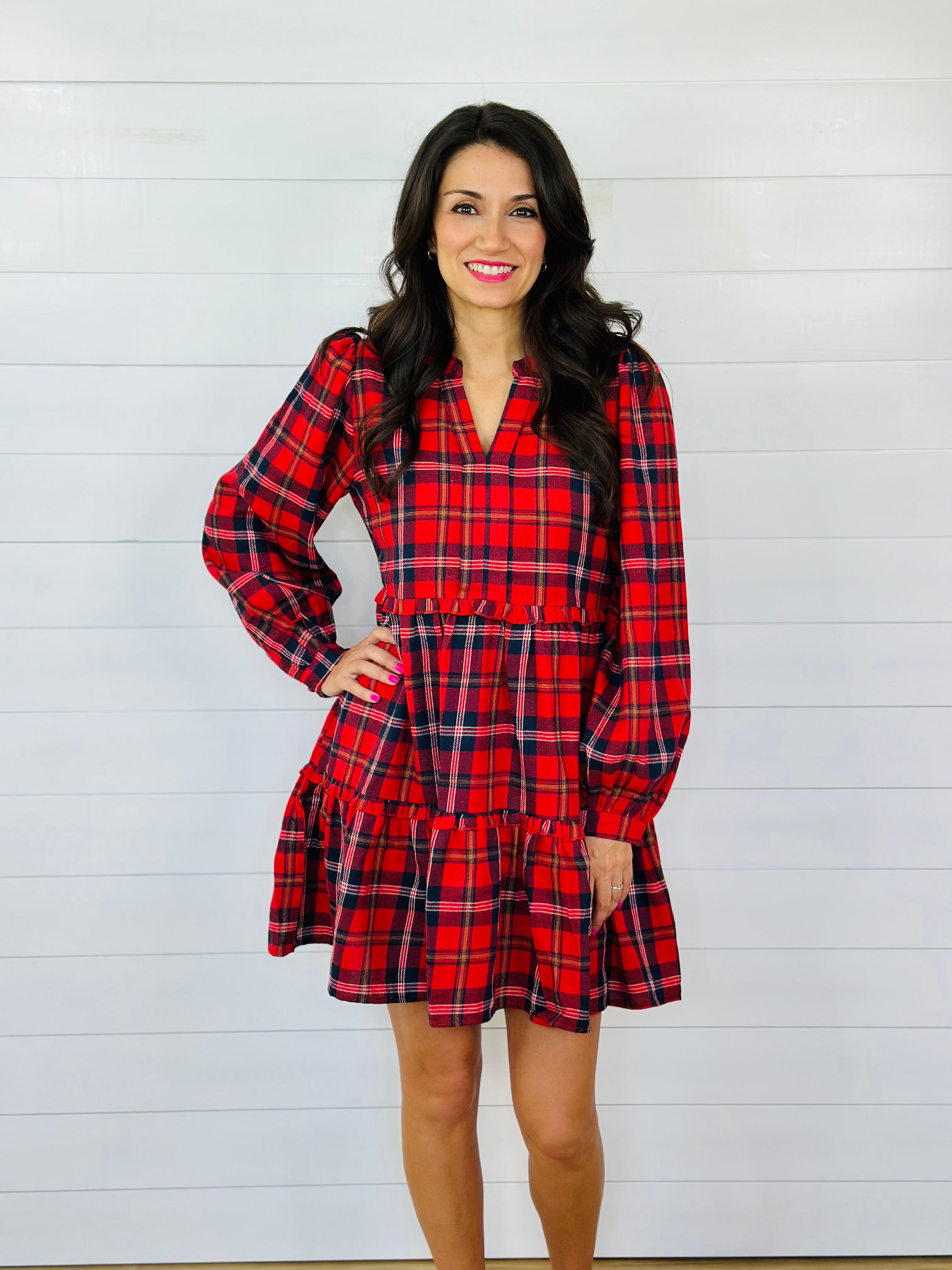 FOREVER FLANNEL DRESS-RED/NAVY