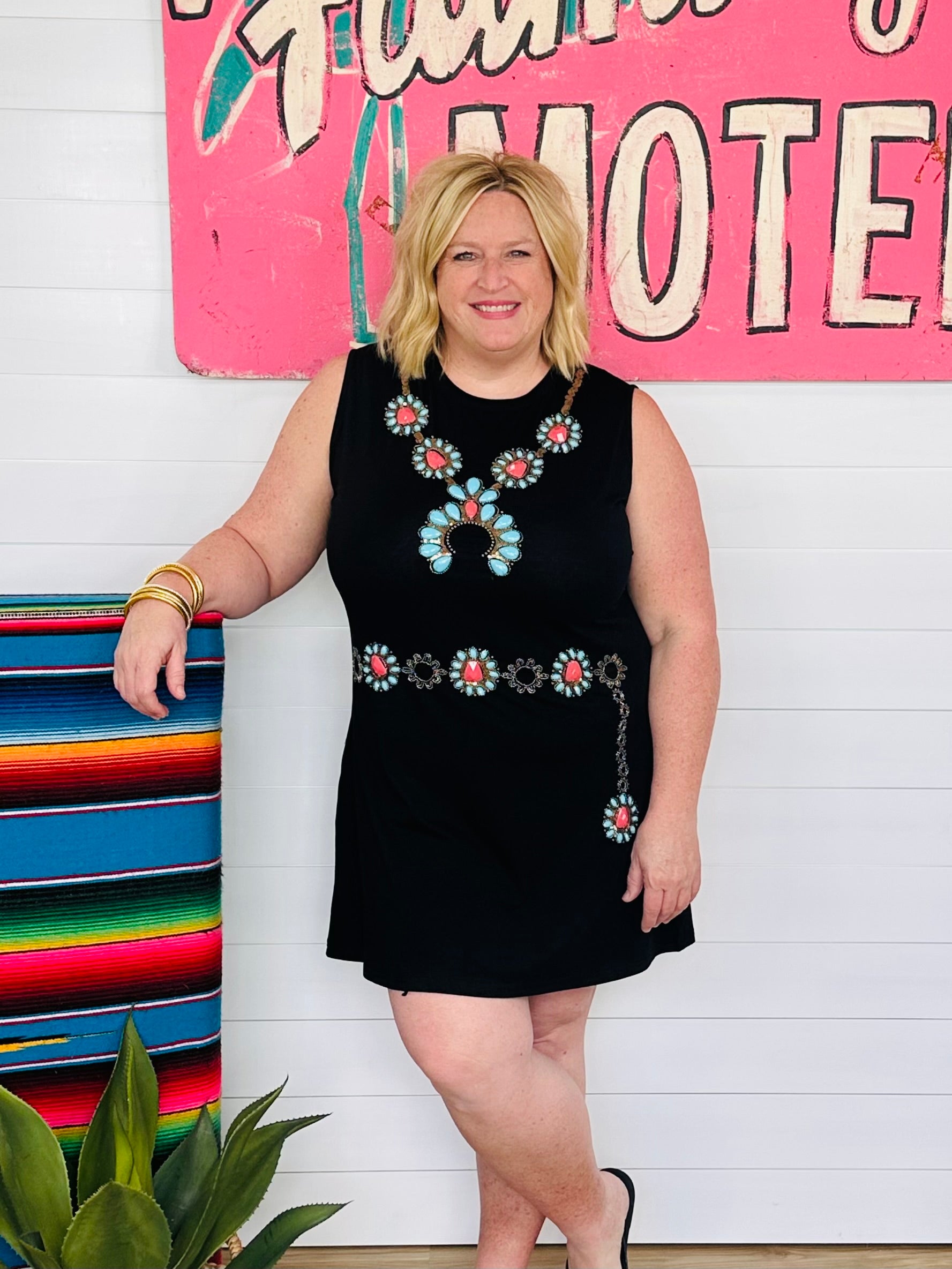 BLACK TURQUOISE NECKLACE & BELT TANK DRESS-PLUS