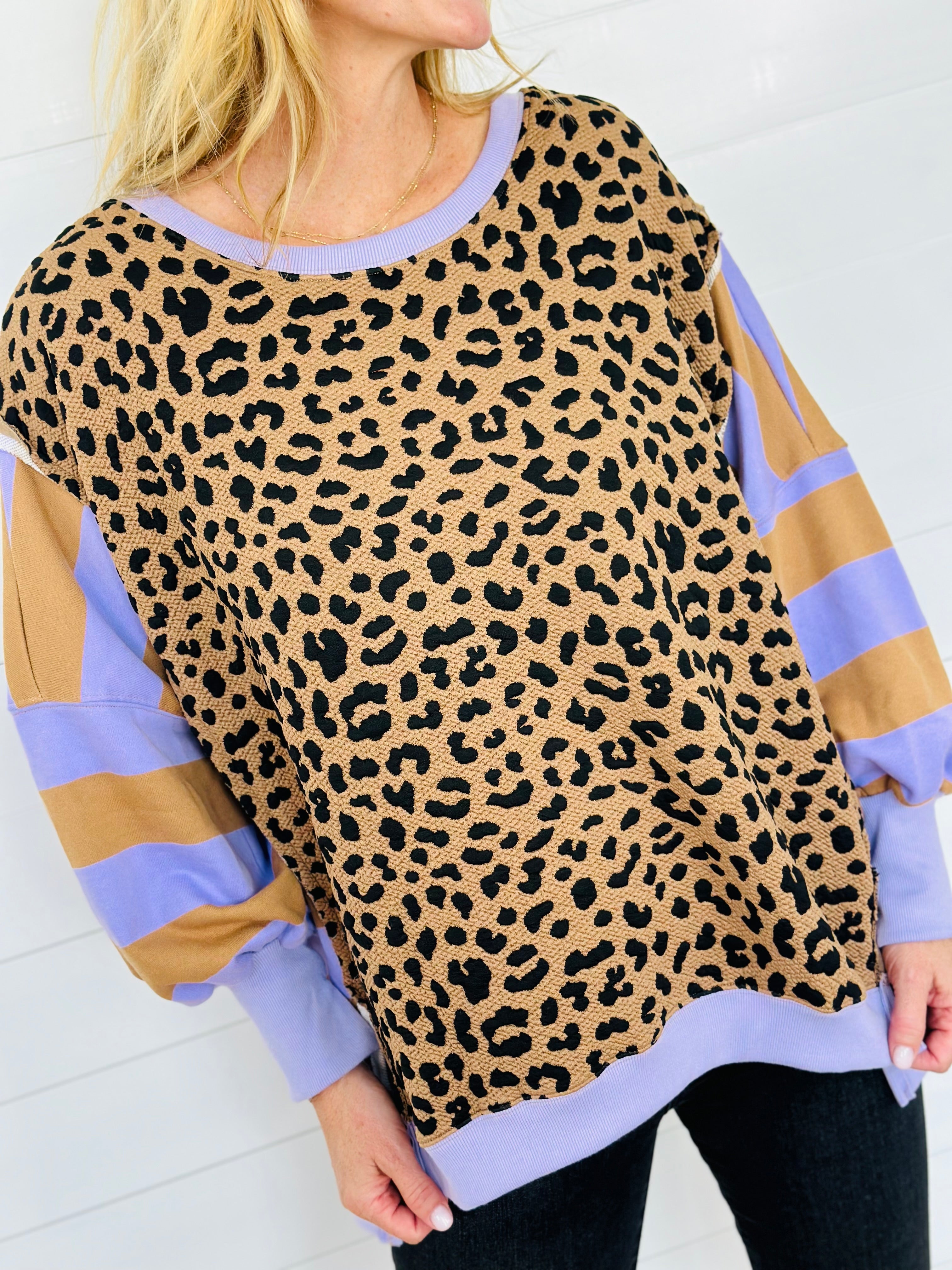 MIXED UP LEOPARD TOP-LAVENDER