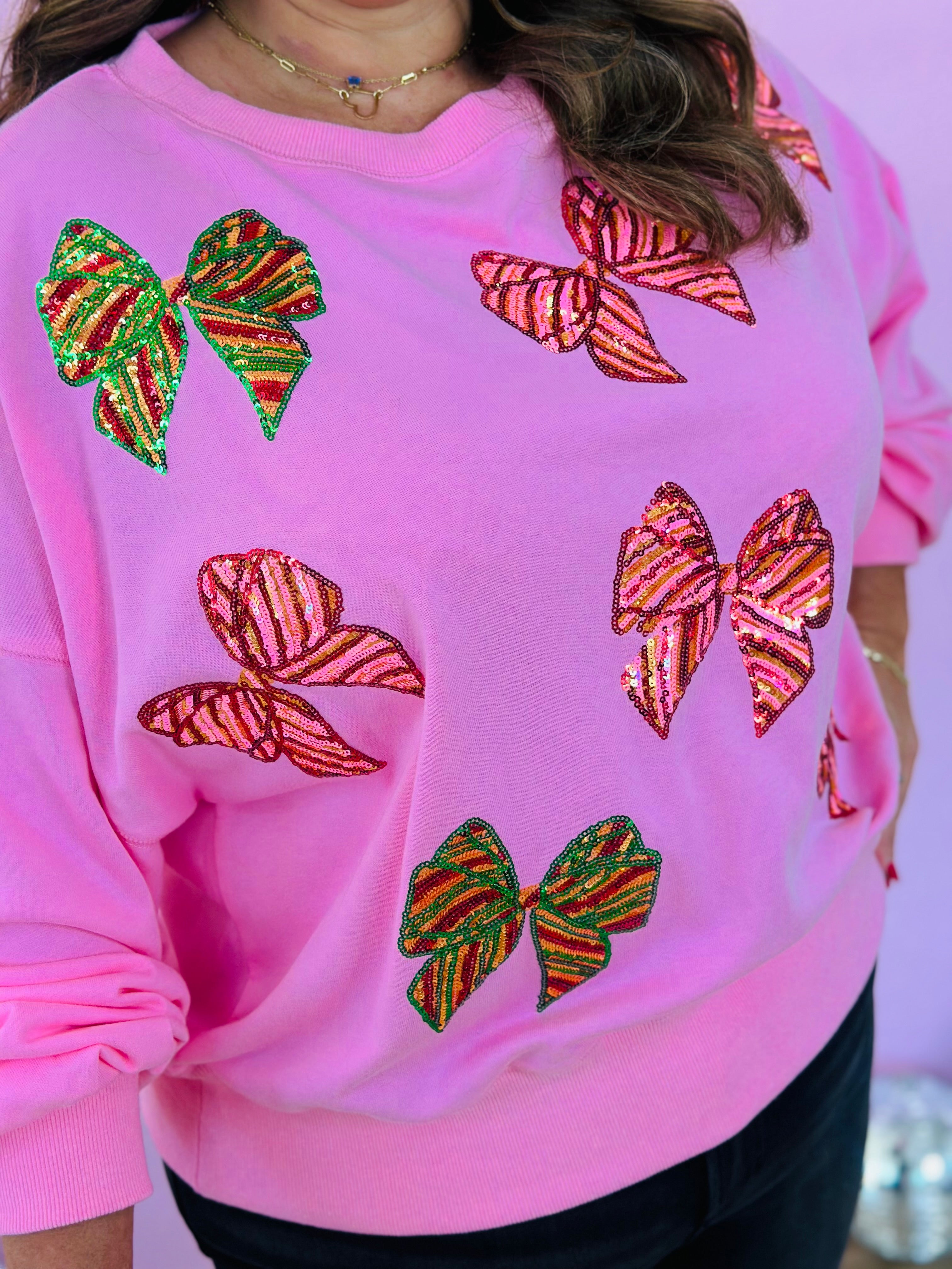 FESTIVE SEQUIN BOW SWEATSHIRT-PINK