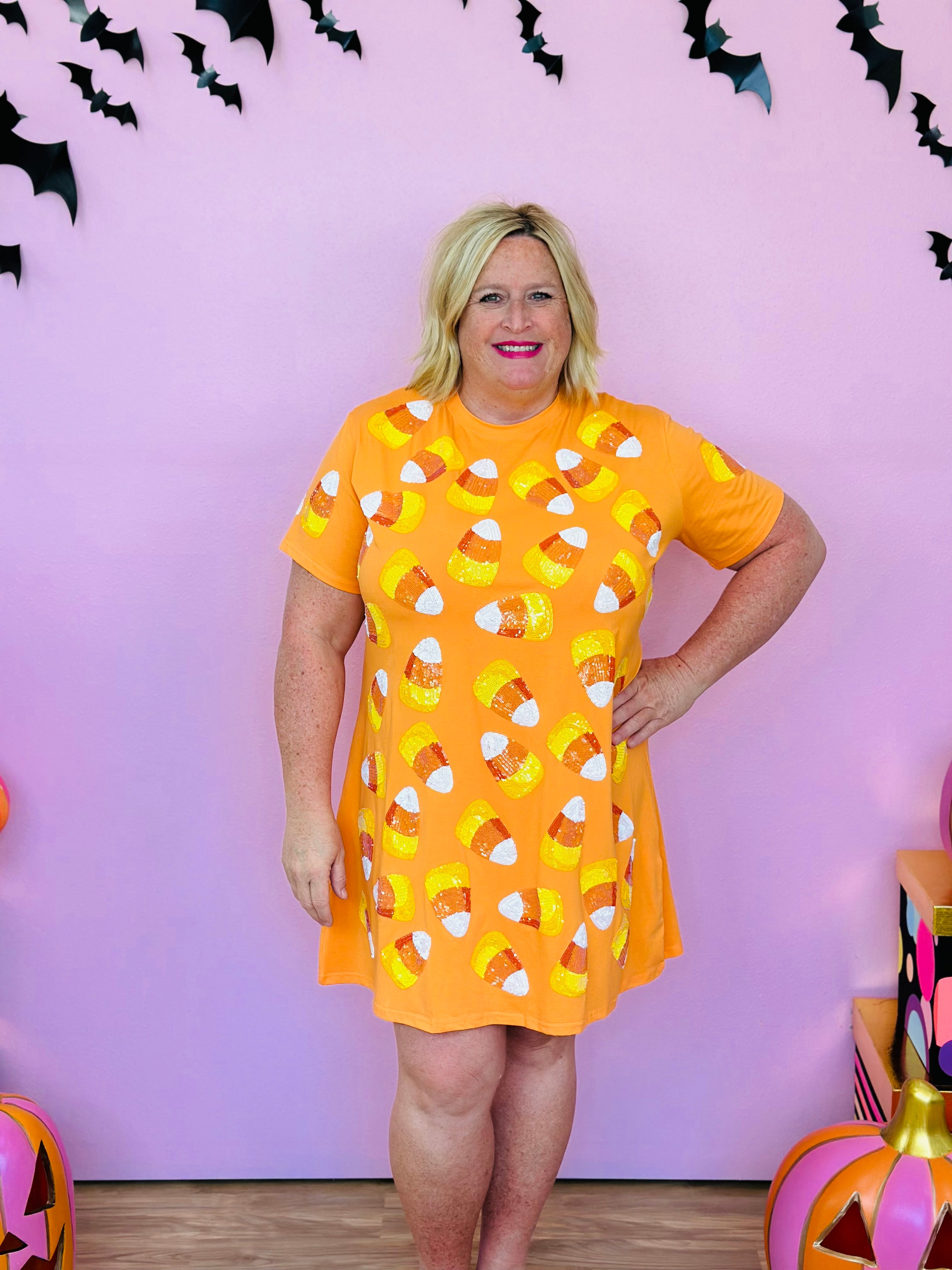 ORANGE CANDY CORN TEE DRESS-PLUS