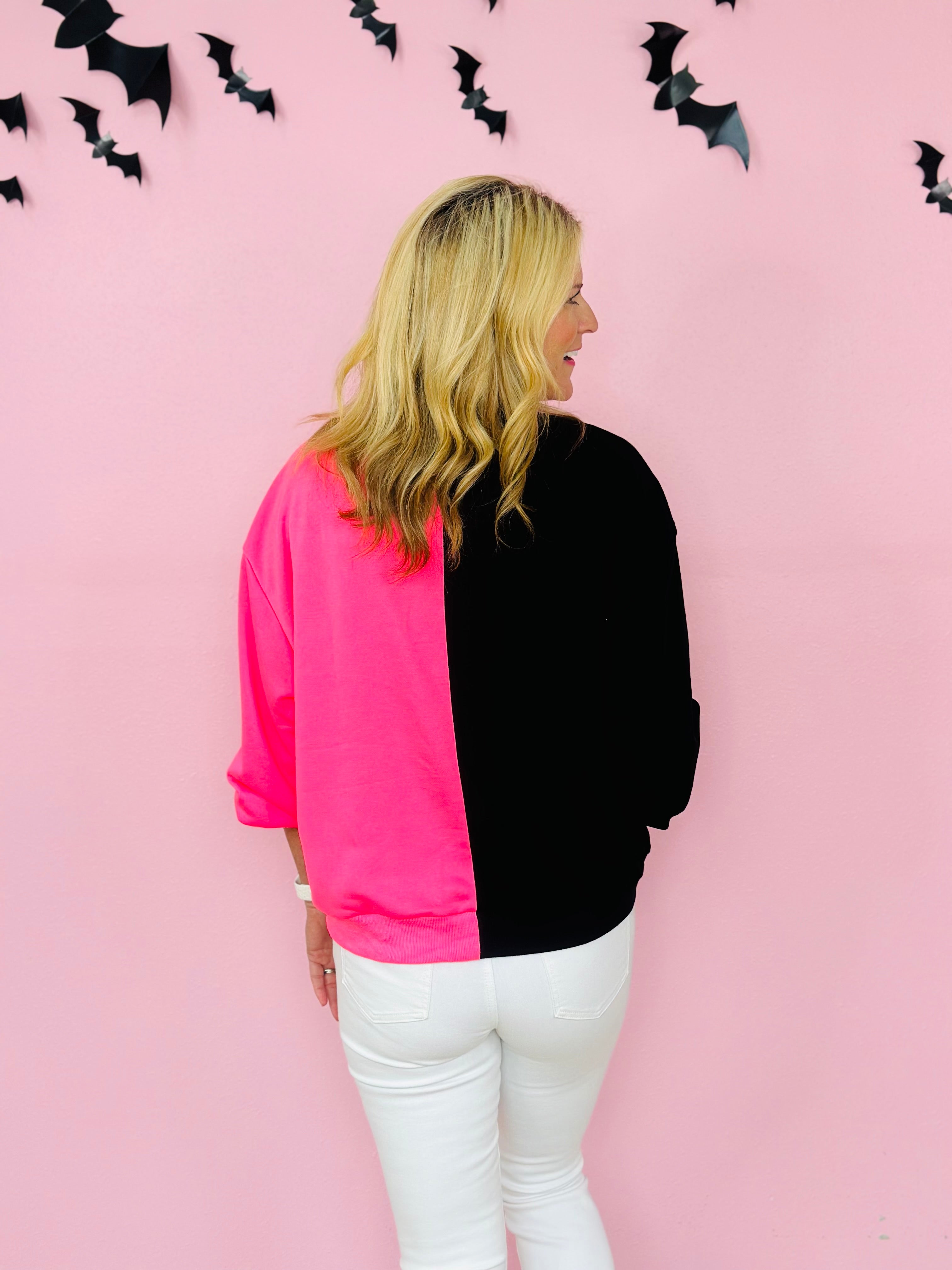 BLACK&NEON PINK SPLIT PUMPKIN FACE SWEATSHIRT