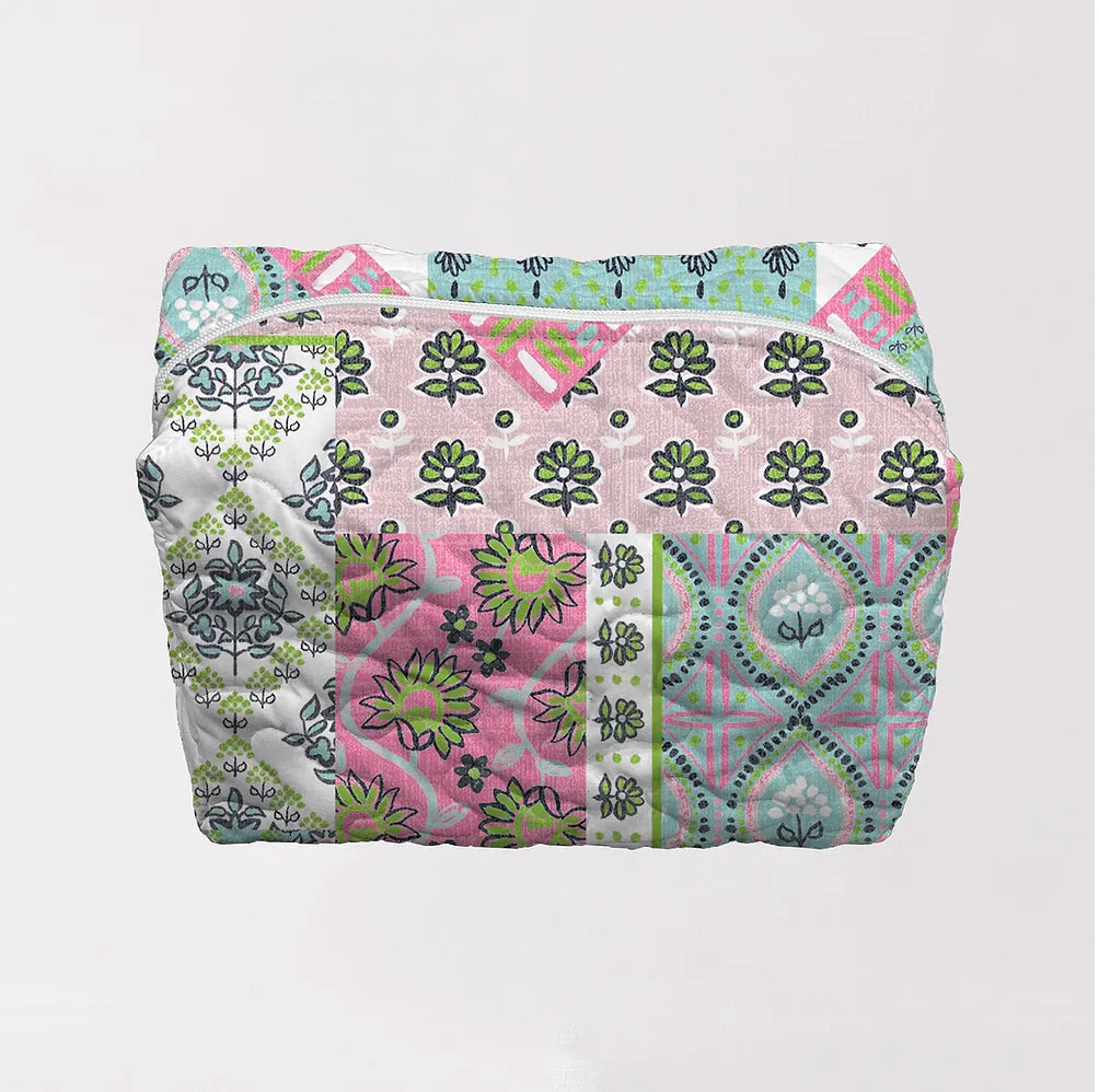 LARAMIE PATCHWORK QUILTED MAKEUP BAG-GREEN